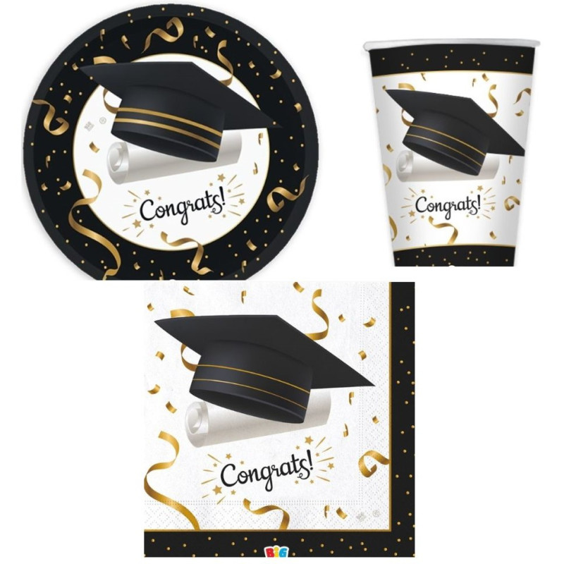 Coordinato feste tavola LAUREA con stampa tocco CONGRATS piatti bicchieri tovaglioli