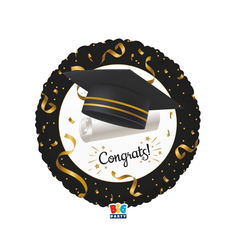 Pallone LAUREA Nero, Bianco e Oro con Tocco e Pergamena in Mylar 45cm gonfiabile elio