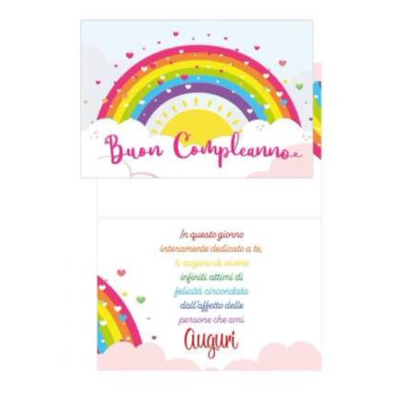 Biglietto d'auguri augurale Buon Compleanno Arcobaleno con scritta fucsia lucido - completo di busta