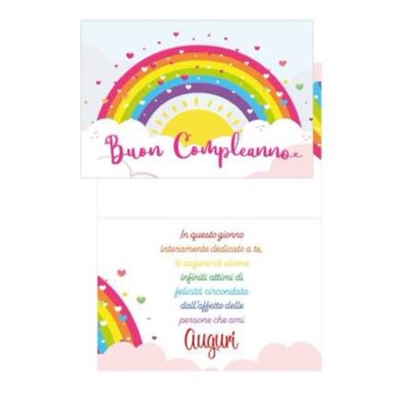 Biglietto d'auguri augurale Buon Compleanno Arcobaleno con scritta fucsia lucido - completo di busta