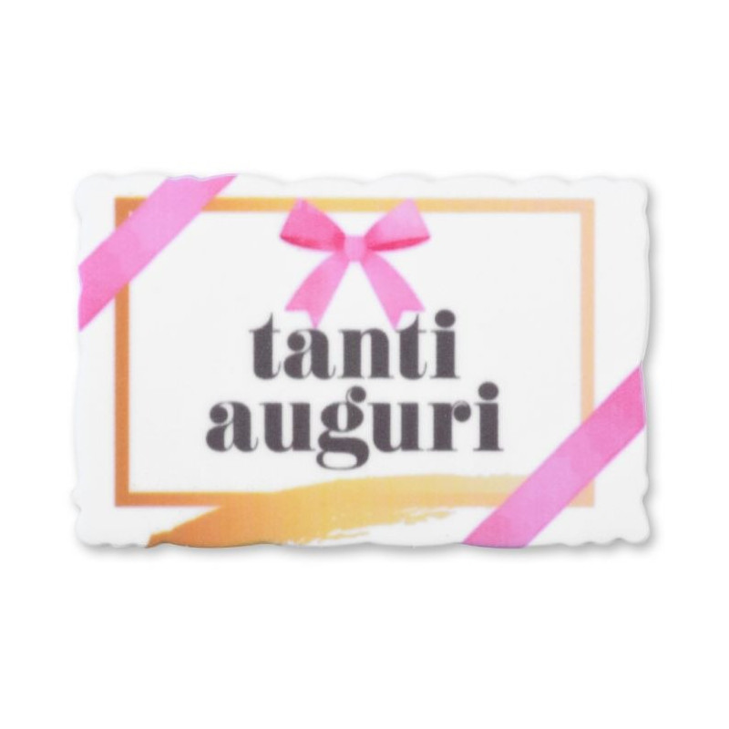 Targhetta TANTI AUGURI fiocco in zucchero Decorazione per torta e dolci -1 pezzo 8,3X5,5 CM