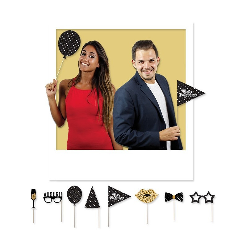 8 BASTONCINI SELFIE Buon Compleanno,palloncini, pacco regalo, occhiali, PRONTI ALL'USO!