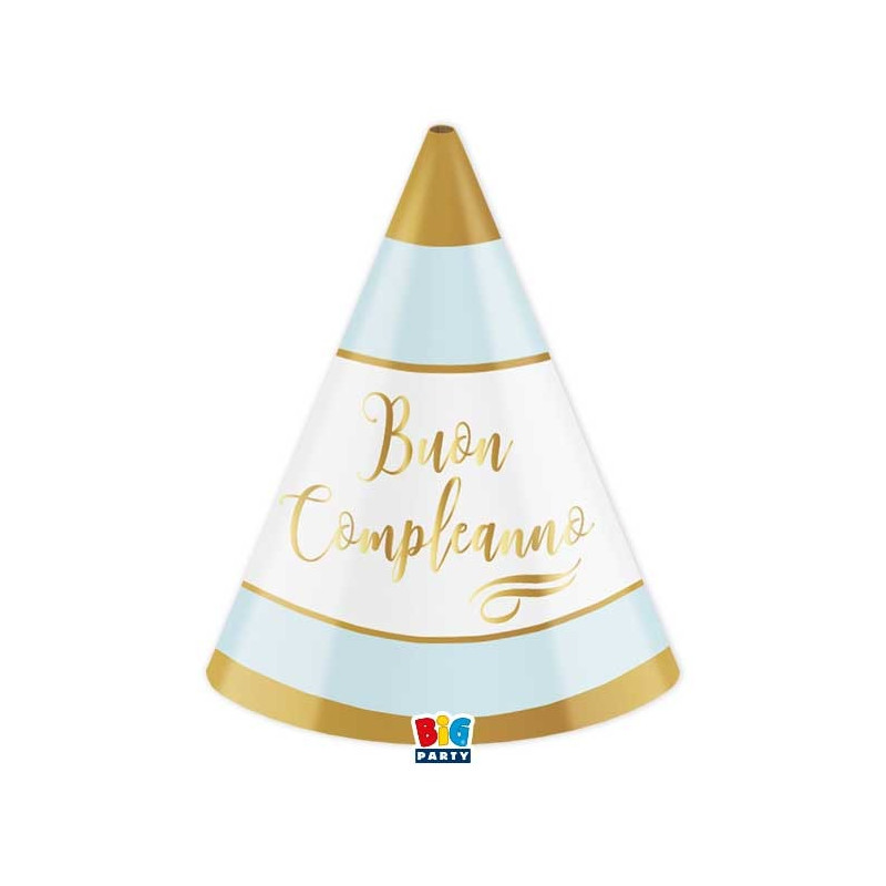 6 cappelli CAPPELLINI Buon Compleanno Chic Celeste - coni in carta per feste BAMBINI e adulti
