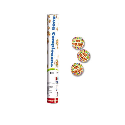 Cannone SPARACORIANDOLI dischetti Buon Compleanno - Tubo lancia coriandoli 30cm