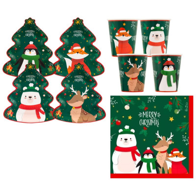 Set 32 pz coordinato tavola SANTA'S FRIENDS Piatti albero di natale, bicchieri tovaglioli