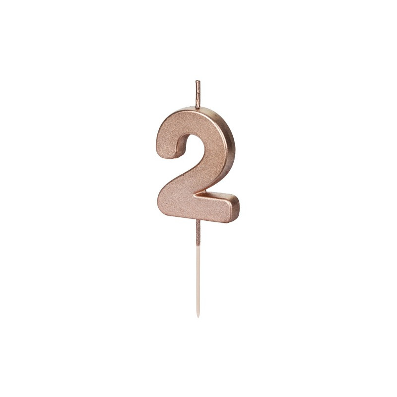CANDELA numero 2 ROSA GOLD lucido per torta - candelina in cera numerale per dolci h 4,5 cm