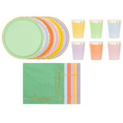 Kit 36 pz Coordinato tavola MULTICOLOR con bordo oro feste bambini - piatti bicchieri tovaglioli