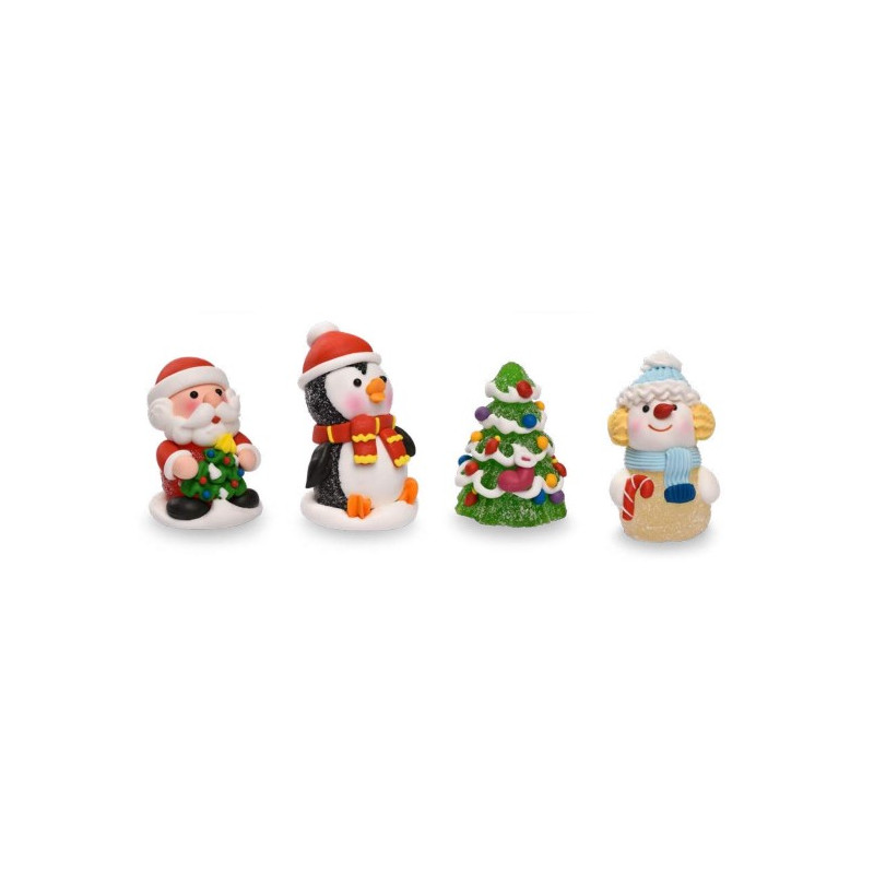Set 4 Soggetti Natalizi in Zucchero per dolci - Pupazzo di Neve, Babbo Natale, Albero e Pinguino