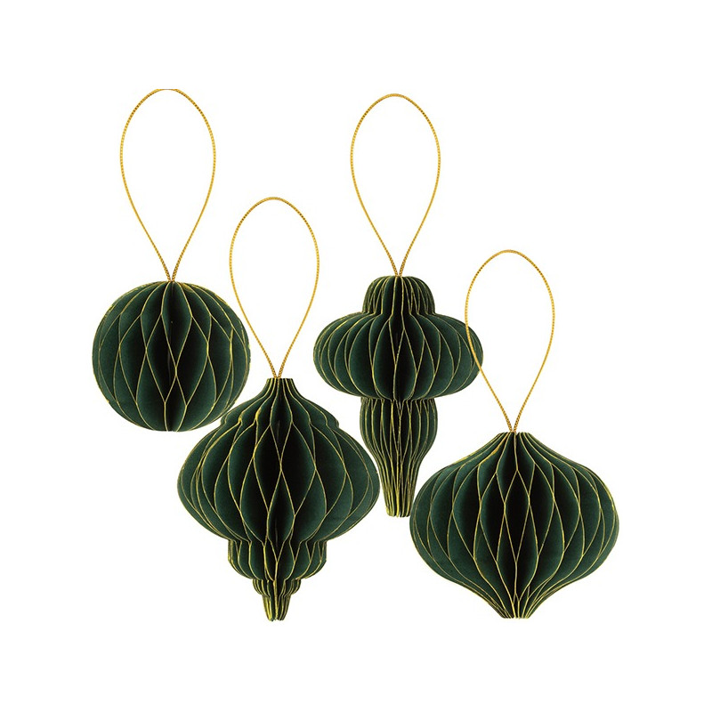 Set 4 SFERE in carta VERDE con profilo ORO altezza 8, 10 e 13 cm - addobbo tavolo, casa