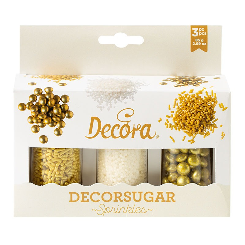Set 3 Mini Decorazioni Mix ORO e BIANCO iin ZUCCHERO 85g - lenti bastoncini oro ideale per decori torte e dolci