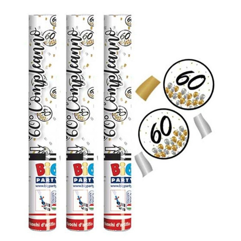 3 Cannone SPARACORIANDOLI 60 ANNI ORO, Argento, Nero- Tubo lancia coriandoli 30cm