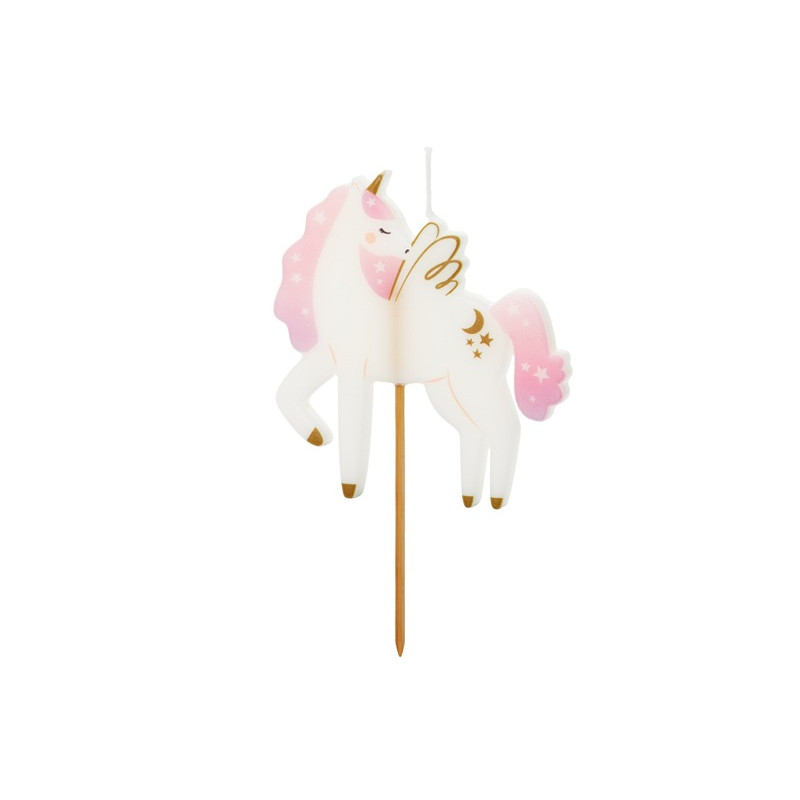 Candela forma di UNICORNO rosa e Bianco - candelina in cera per torte e dolci 9 cm circa