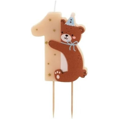 Candela forma di 1 con ORSETTO  marrone - candelina in cera per torte e dolci 7 cm circa