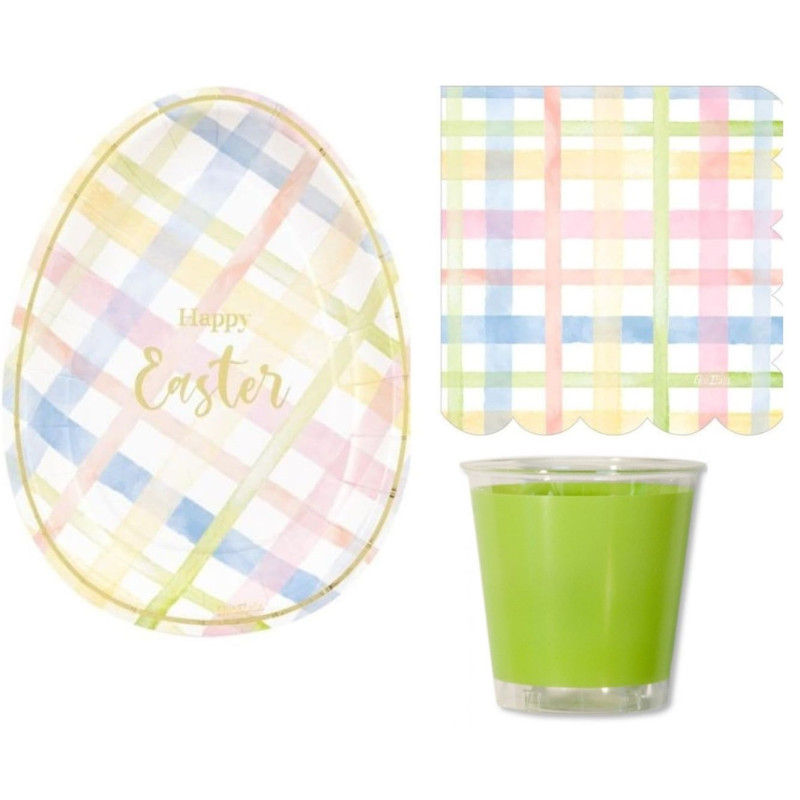 Coordinato tavola 34 pezzi Happy Easter scozzese PASQUA scritta oro lucido