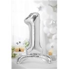 Pallone compleanno numero 1 UNO anno argento con base d'appoggio 70cm