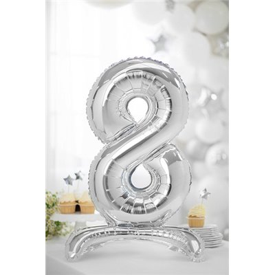Pallone compleanno numero 8 OTTO anni argento con base d'appoggio 70cm