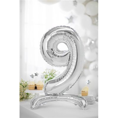 Pallone compleanno numero 9 NOVE anni argento con base d'appoggio 70cm
