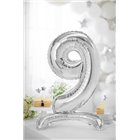 Pallone compleanno numero 9 NOVE anni argento con base d'appoggio 70cm