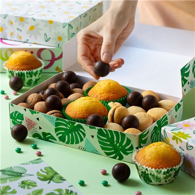 Scatola regalo in cartoncino per alimenti - foglie e triangoli - 23,5x16xh5cm