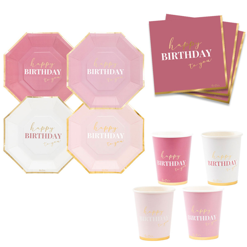 Coordinato HAPPY BIRTHDAY gradazioni Rosa e Oro Lucido piatti bicchieri tovaglioli