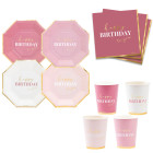 Coordinato HAPPY BIRTHDAY gradazioni Rosa e Oro Lucido piatti bicchieri tovaglioli