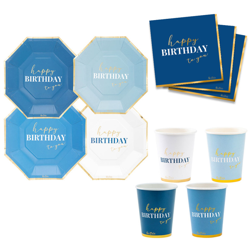 Coordinato HAPPY BIRTHDAY gradazioni Blu e Oro Lucido piatti bicchieri tovaglioli