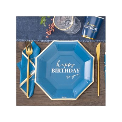 Coordinato HAPPY BIRTHDAY gradazioni Blu e Oro Lucido piatti bicchieri tovaglioli