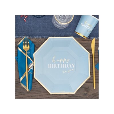 Coordinato HAPPY BIRTHDAY gradazioni Blu e Oro Lucido piatti bicchieri tovaglioli