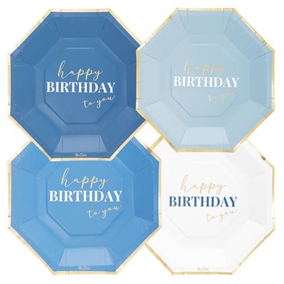 Coordinato HAPPY BIRTHDAY gradazioni Blu e Oro Lucido piatti bicchieri tovaglioli