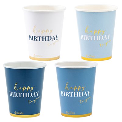 Coordinato HAPPY BIRTHDAY gradazioni Blu e Oro Lucido piatti bicchieri tovaglioli