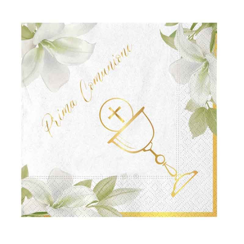 16 Tovaglioli in carta PRIMA COMUNIONE - 25x25cm - Oro - Tovagliolini da dessert
