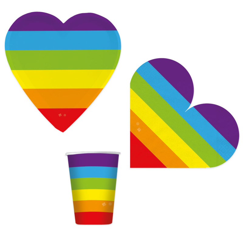Kit coordinato tavola Rainbow Heart arcobaleno - piatti bicchieri tovaglioli