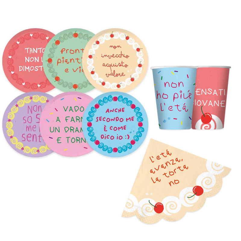 Kit coordinato tavola compleanno PENSATI GIOVANE - piatti bicchieri tovaglioli