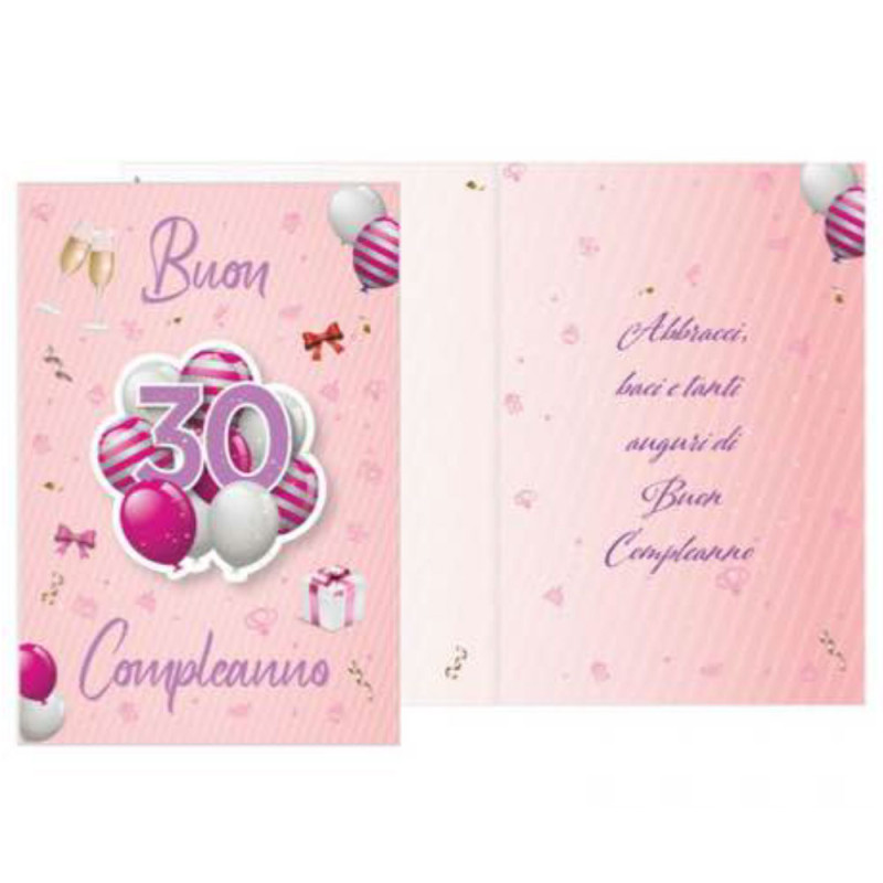 Biglietto auguri 30 anni palloncini rosa e lilla con ciondolo a forma in legno