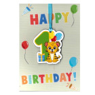 Biglietto auguri Primo compleanno con ciondolo in legno a forma n.1 e leoncino