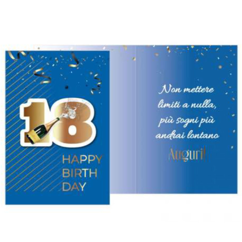 Biglietto di auguri 18 anni Blu e Oro con ciondolo a forma di 18 in legno