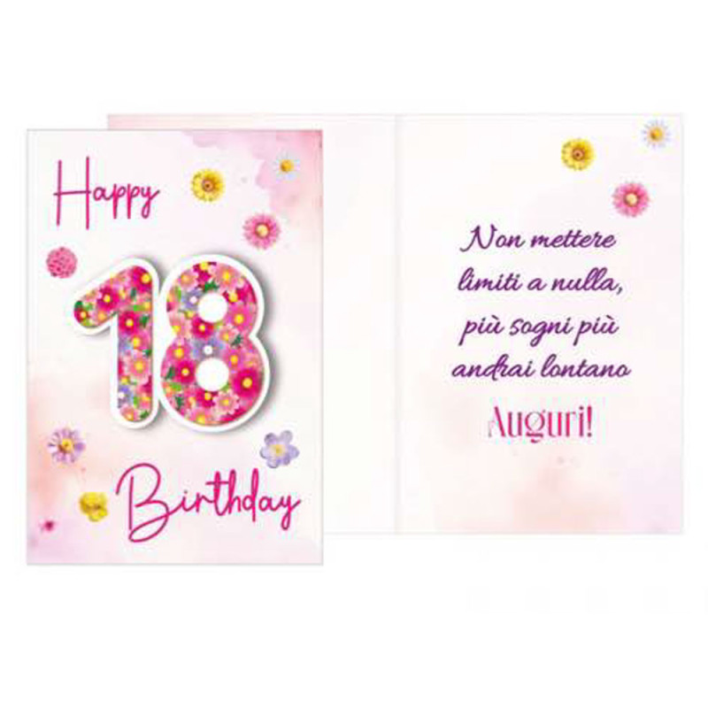 Biglietto di auguri 18 anni Fiori Rosa con ciondolo a forma di 18 in legno