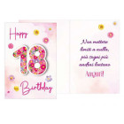 Biglietto di auguri 18 anni Fiori Rosa con ciondolo a forma di 18 in legno