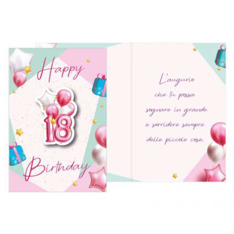 Biglietto di auguri 18 anni Palloncini Rosa con ciondolo a forma di 18 in legno