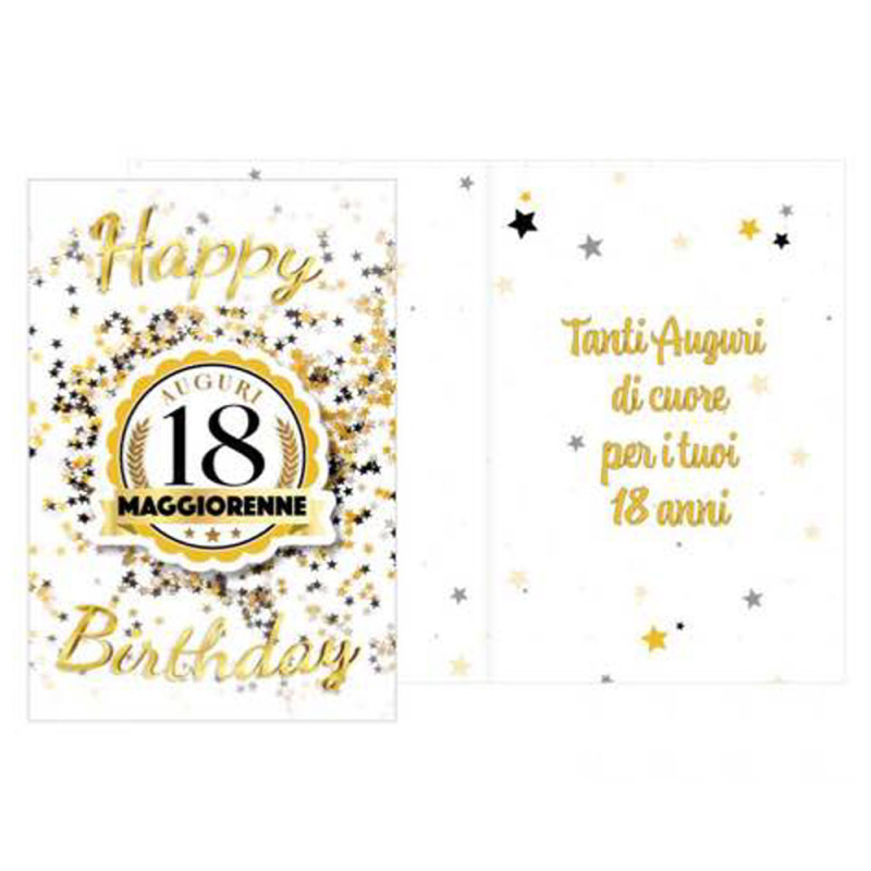 Biglietto di auguri 18 anni stelle oro e nere con ciondolo in legno