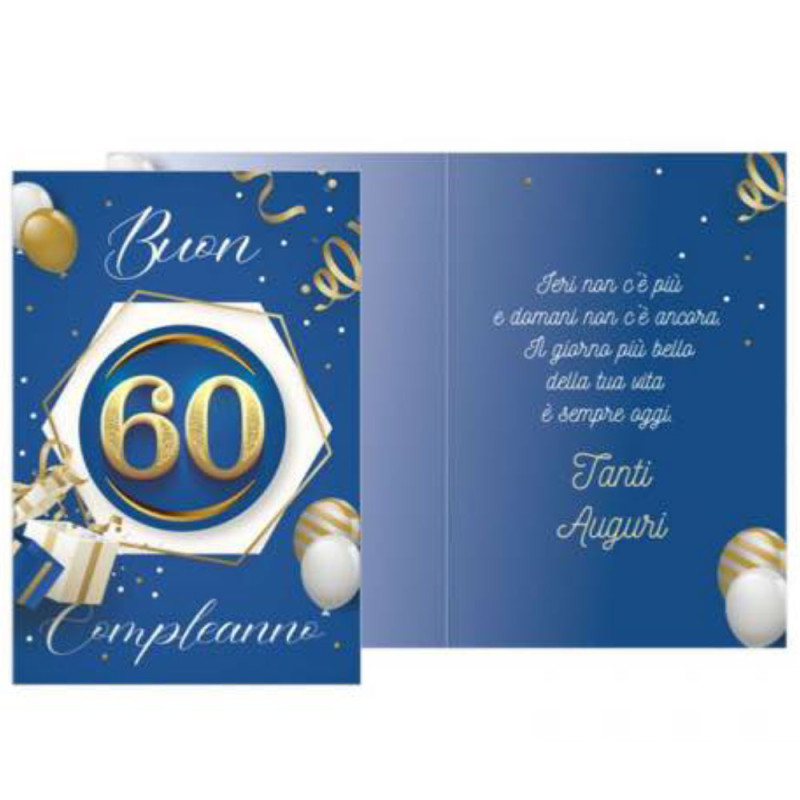 Biglietto di auguri 60 anni Blu coriandoli Oro con ciondolo a forma in legno