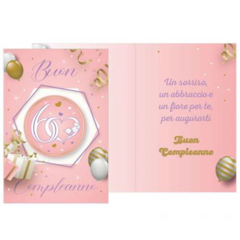 Biglietto di auguri 60 anni rosa coriandoli Oro con ciondolo a forma in legno