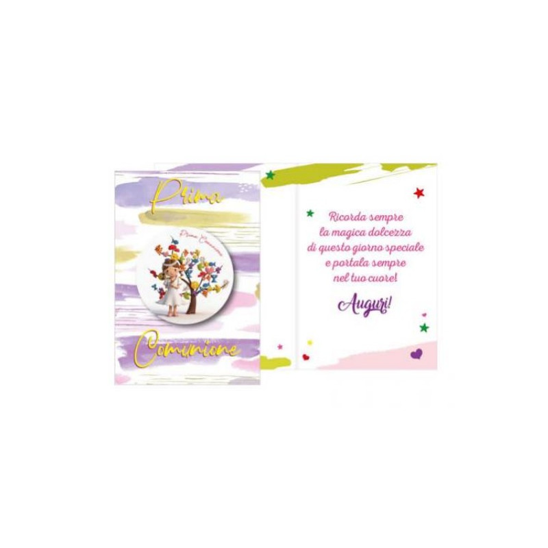 Biglietto auguri COMUNIONE con ciondolo in legno a forma di fiore con Bambina
