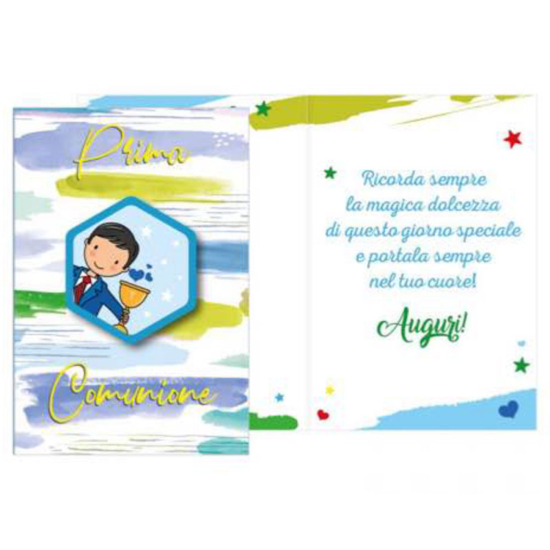 Biglietto auguri COMUNIONE con ciondolo in legno con Bambino - Blu e Verde