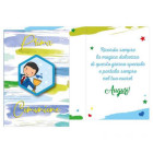 Biglietto auguri COMUNIONE con ciondolo in legno con Bambino - Blu e Verde