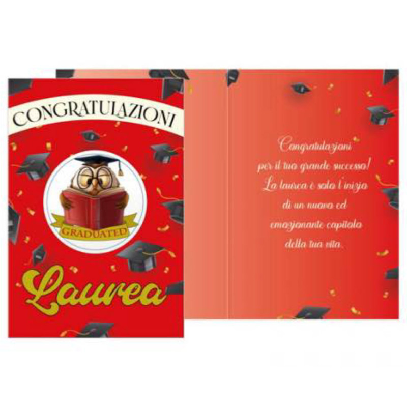 Biglietto auguri Congratulazioni LAUREA con ciondolo in legno  con gufo gufetto
