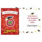 Biglietto auguri LAUREA con ciondolo in legno a forma di coccarda portafortuna