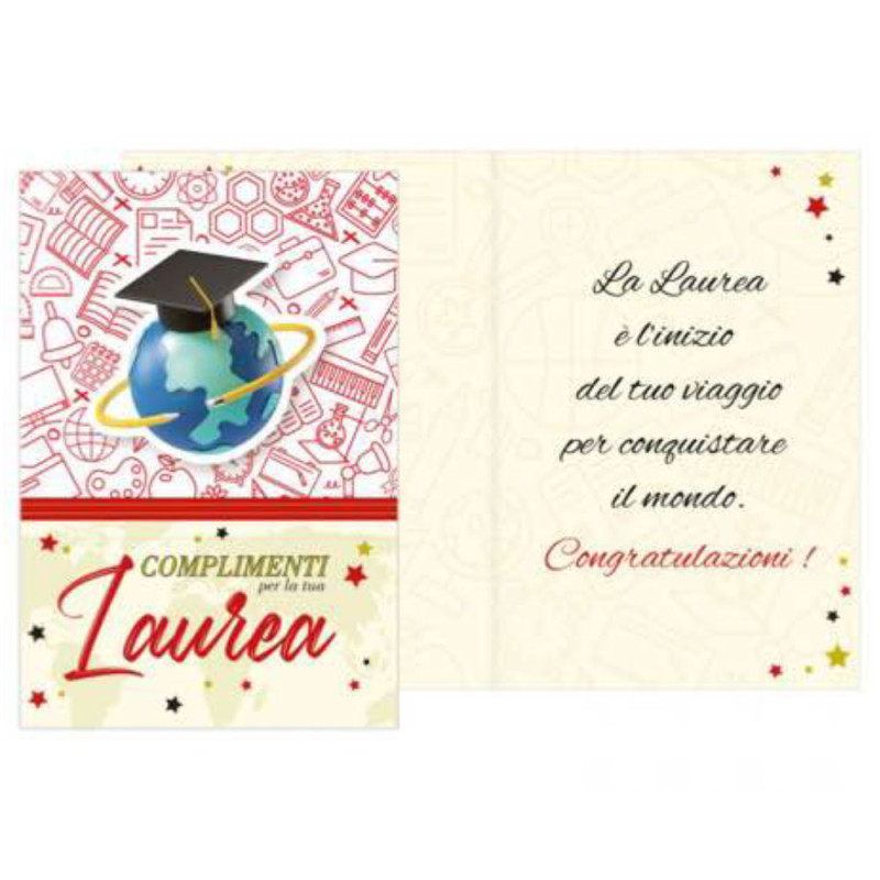 Biglietto auguri LAUREA con ciondolo in legno a forma di Mappamondo con Tocco