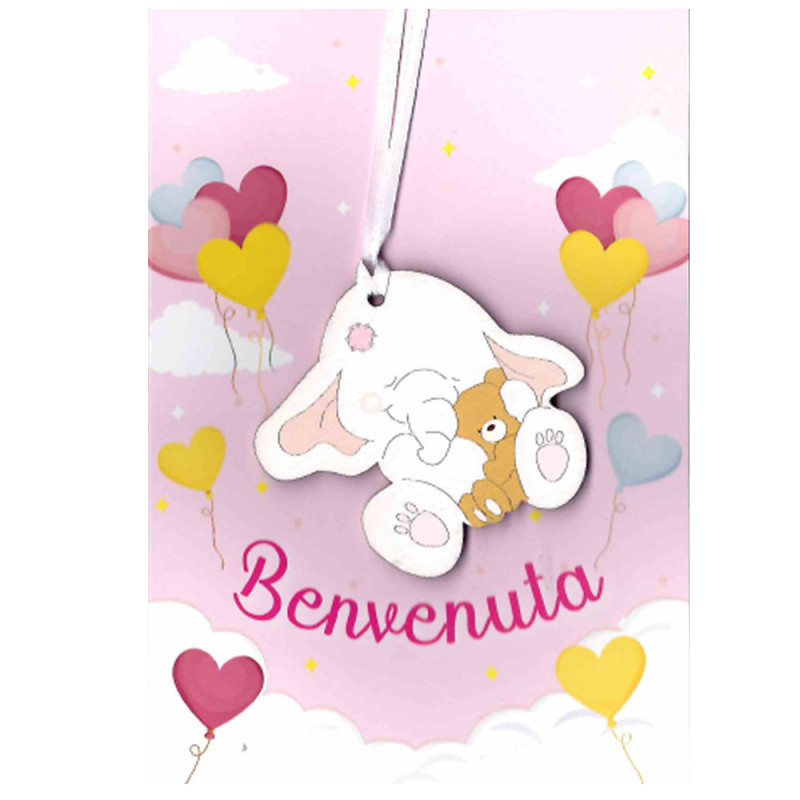Biglietto auguri BENVENUTA con ciondolo in legno a forma di Elefantino