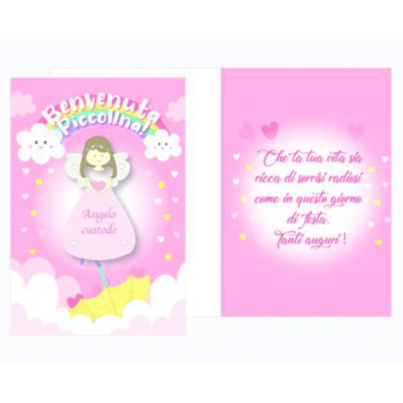 Biglietto auguri BENVENUTA Piccolina con ciondolo in legno Angelo Custode